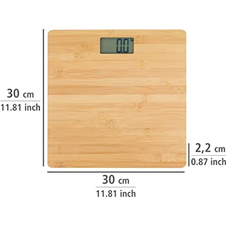 WENKO Personenwaage Bambusa, digitale Holzwaage aus echtem Bambus, mit LCD-Display, Körperwaage für ein warmes Fußgefühl, Personenwaage bis zu 180 kg, Waage inkl. Batterien, 30 x 2,7 x 30 cm, Natur – Bild 4