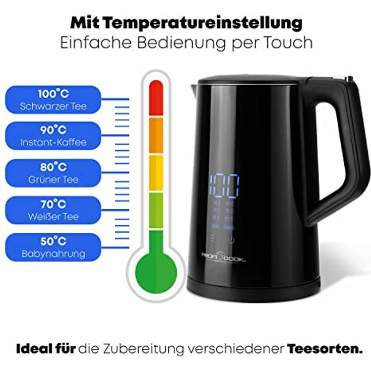 Proficook PC-WKS 1243 BK Wasserkocher, 1,7 L, 2200W, Sensor-Touch-Bedienung, mit Temperaturwahl, Display, Warmhaltefunktion, schwarz – Bild 2