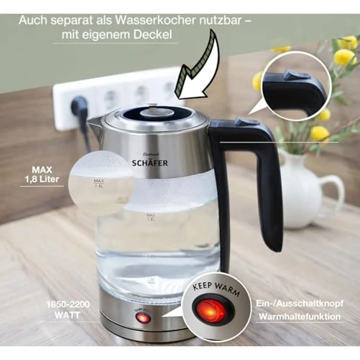 Elektronik SCHÄFER Teekocher Glas-Teekocher 1,8/0,8 Liter Schwarz/Silber - Wasserkocher mit Warmhaltefunktion bis 85°C und verdecktem Heizelement – Bild 6