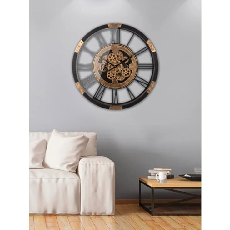 XXXL Wanduhr Setoria, Schwarz und Gold, Metall und Holzwerkstoff, 8 cm, leises Uhrwerk – Bild 2