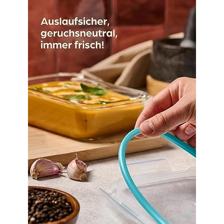 Niboline Glasbehälter mit Deckel 1000ml - 4er Set Frischhaltedosen - Stapelbar & Luftdicht - BPA-frei - Spülmaschinenfest - Gefrierschrank und Mikrowellengeeignet, Transparent – Bild 4