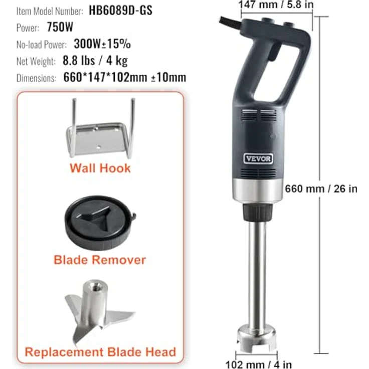 VEVOR Stabmixer 750W Hochleistungs-Pürierstab Einstellbare Edelstahl 660 mm Abnehmbare, lebensmittelechte Klingen, wandmontierbar – Bild 8