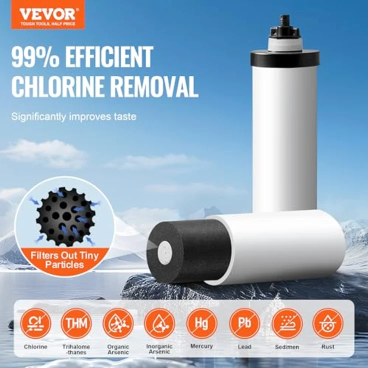 VEVOR Schwerkraft Wasserfiltersystem Edelstahl, 7,8+8,5 L, reduziert Blei und 99 % Chlor, mit 2 Keramik-Kohlefiltern und Zapfhahn – Bild 2
