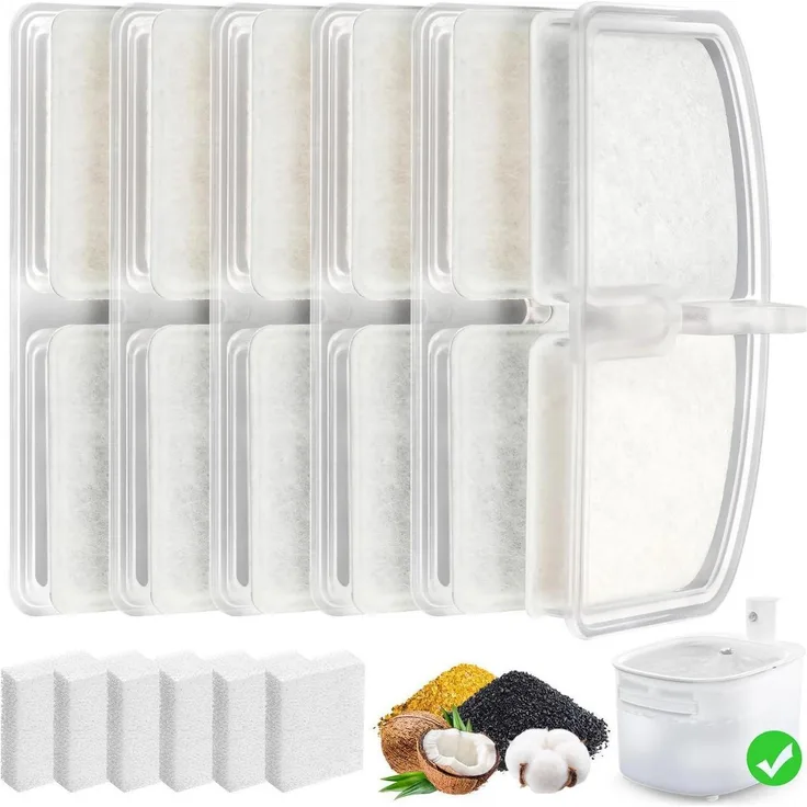 Nenozi Trinkbrunnen Filter Set für Katzen, 12 Stück (6x Aktivkohle, 6x Schaumstoff), Triple Filtration für 74oz/2,6L Brunnen