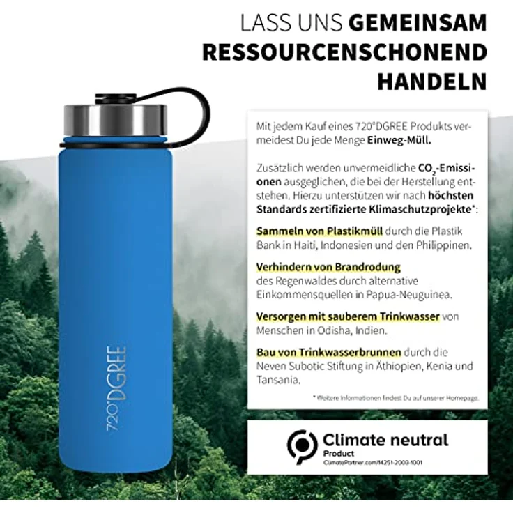 Trinkflasche Doppelwandig Edelstahl 950ml Isolierflasche m. Gratis Sportdeckel 720 DGREE noLimit ocean blue – Bild 5