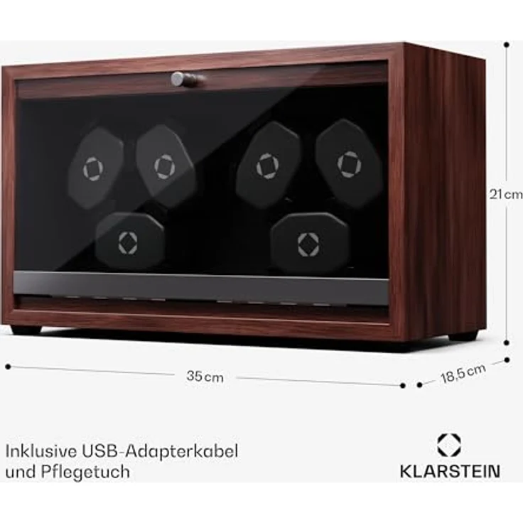 Klarstein Uhrenbeweger Brienz 6, Uhrenbox mit 6 Memory-Schaum-Kissen und blauer LED-Beleuchtung, Walnuss-Look – Bild 6