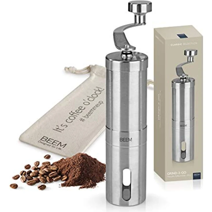 BEEM GRIND-2-GO Manuelle Kaffeemühle – 40 g | Kegelmahlwerk | Mahlgrad-Einstellung stufenlos | Baumwollbeutel | Kaffeemühle manuell | Edelstahl | Kaffee - Preisvergleich – Bild 1