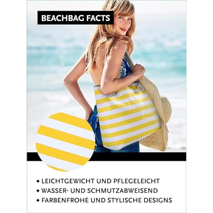 DonDon Strandtasche XXL mit Reißverschluss, gestreifte Shopper Tasche in gelb und weiß, praktische Badetasche für Strand und Meer mit separater Innentasche – Bild 5