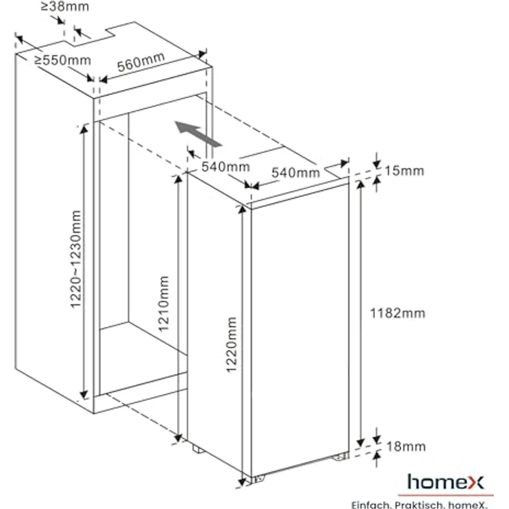 homeX CFB1811E Einbaukühlschrank mit Gefrierfach, 181 Liter, Schlepptürtechnik, LED-Beleuchtung, 39 dB, Energieeffizienzklasse E – Bild 3