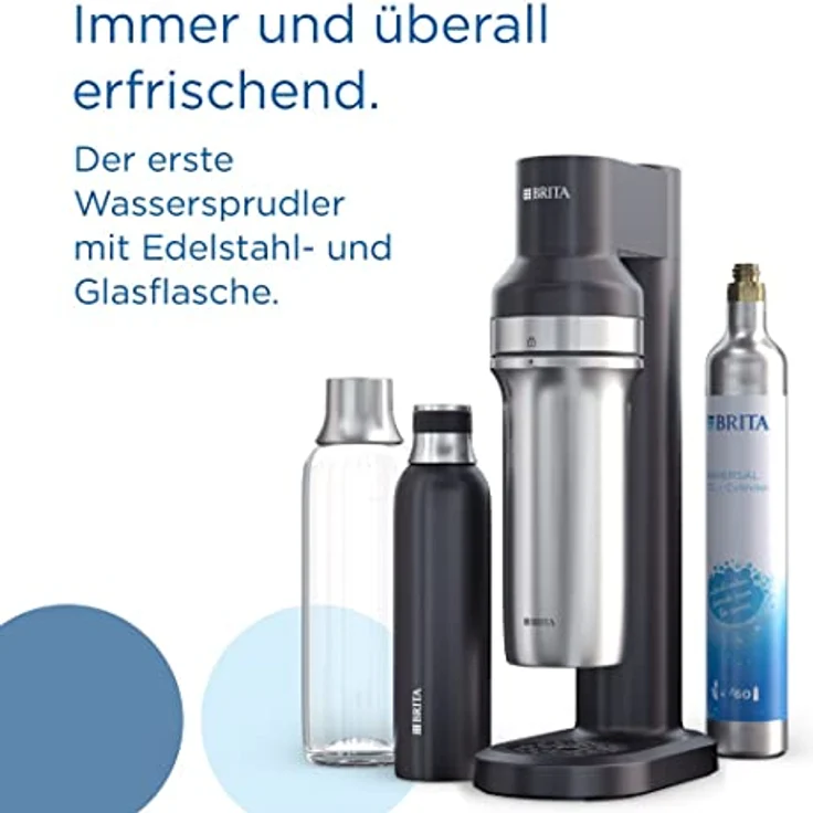 BRITA Wassersprudler sodaTRIO (schwarz) inkl. 1x Glasflasche (1l), 1x isolierte Edelstahlflasche schwarz (0,65l) & 1x BRITA CO2-Zylinder / macht aus Leitungswasser prickelndes Sprudelwasser zu Hause - Preisvergleich – Bild 2
