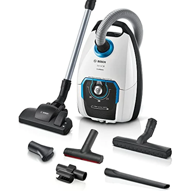 Bosch Staubsauger mit Beutel ProSilence Serie 8 BGB75XSIL, Bodenstaubsauger, ideal für Allergiker, Hygiene-Filter, 10 Jahre Motorgarantie, Hartbodendüse, langes Kabel, Made in Germany, 650 W, weiß – Bild 1