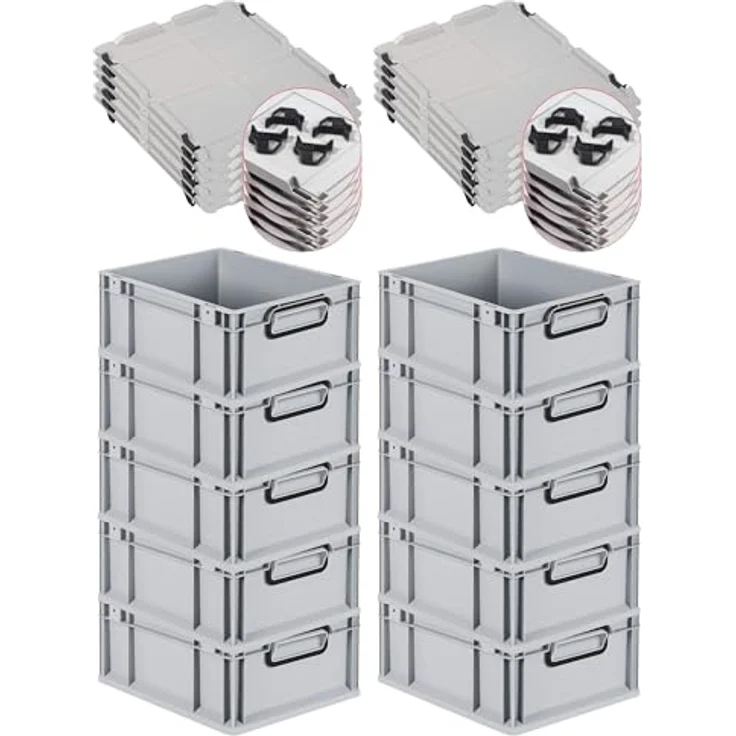 PROREGAL Eurobox NextGen Color SuperSparSet, 10x Transportbox mit Auflagedeckel, 16L, grau, HxBxT 17x30x40cm, mit Schiebeschnappverschlüssen und schwarzen Griffen – Bild 1