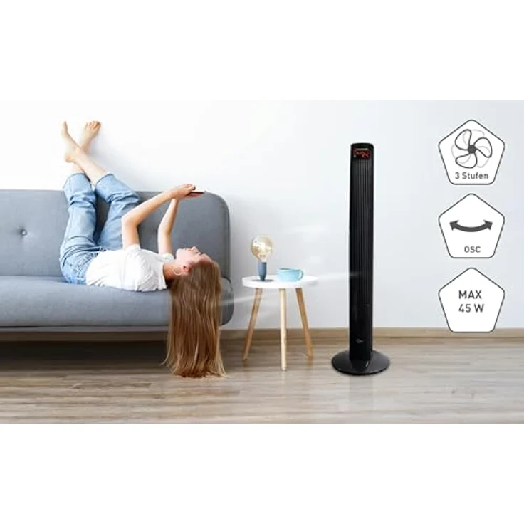 Turmventilator mit Fernbedienung, Timer | Standventilator Schwarz | CoolBreeze 12000 - Leise 45 Watt | Fan Stand Ventilator 3 Stufen | Lüfter Windmaschine | für Schlafzimmer, Büro | von SUNTEC – Bild 3