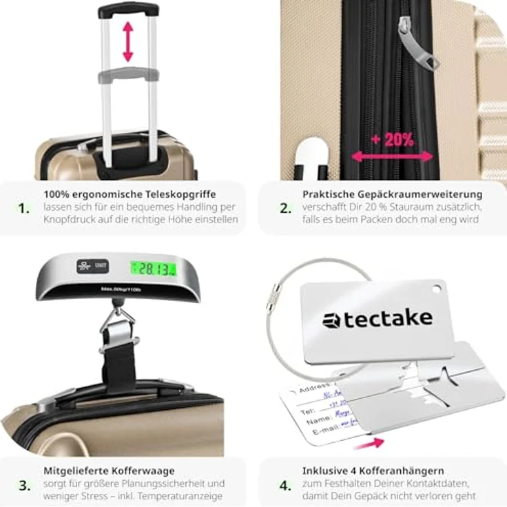 tectake® 4tlg. Hartschalenkoffer Set, Reisekoffer Set mit Rollen, Hartschale aus ABS, Koffer Set mit Teleskopgriff und Schloss, ink. Kofferwaage und Kofferanhänge, Trolley Größen S-M-L-XL - champagner – Bild 3