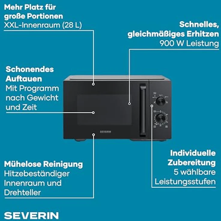 Severin MW7796, Mikrowelle mit 28 Litern XXL-Innenraum, 5 Leistungsstufen und automatischer Abschaltung, Schwarz – Bild 3