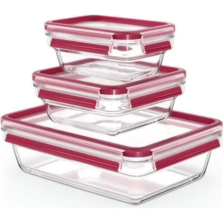 Tefal Masterseal Fresh Set, 3 Vorratsbehälter aus Glas, stapelbar, ofenkompatibel, 0,45 l / 0,8 l / 2 l, rot