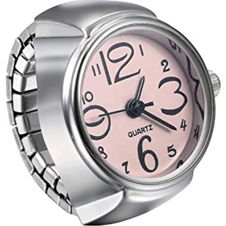 JewelryWe Ringuhr Fingeruhr für Herren und Damen, Elastisches Metallband, Runde Analog Quarz Uhr in Pink – Bild 1
