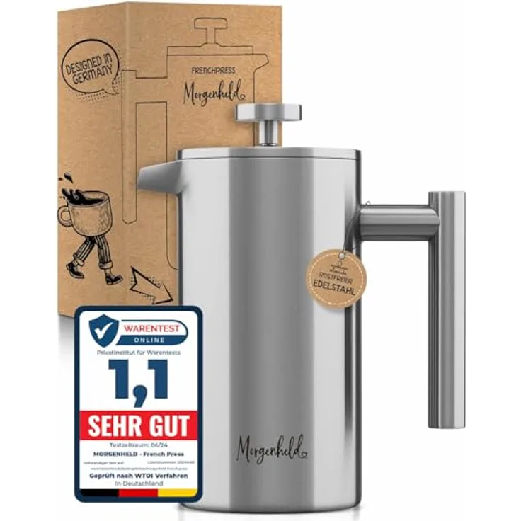 Morgenheld Premium Thermo Edelstahl French Press 600 ml, doppelwandige Kaffeepresse mit 3 Ersatzfiltern, rost- und aluminiumfrei, manuelle Kaffeezubereitung