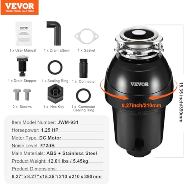 VEVOR Küchenabfallentsorger JWM-931, 1,25 PS Zerkleinerungssystem mit EZ-Montage und 4060 U/min, ultra-leiser Betrieb – Bild 7