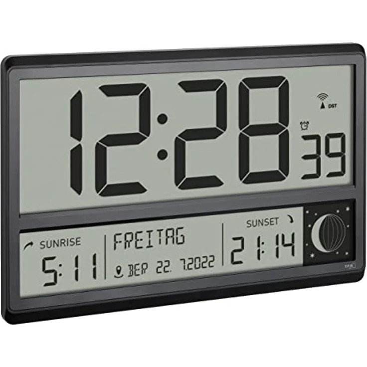 TFA Dostmann Digitale XL Funk Wanduhr, 60.4524.01, mit Sonnenauf- und -untergang, Weckalarm, große Ziffern, Mondphasen, lautlos, schwarz – Bild 1