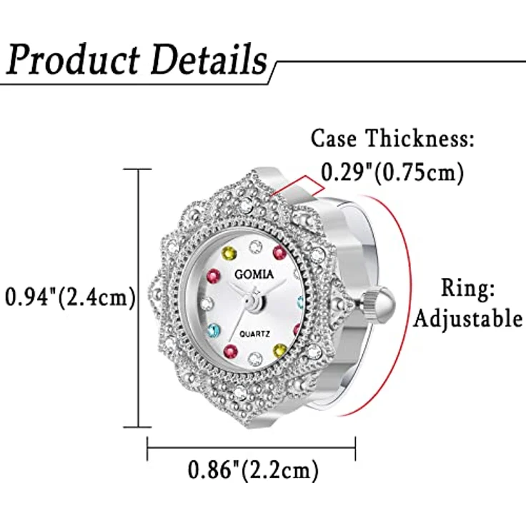 JewelryWe Ringuhr, Damen Analog Quarz Uhr im Retro-Design mit bunten Strasssteinen, verstellbarer Edelstahl-Ring, rundes Zifferblatt in Silber – Bild 5