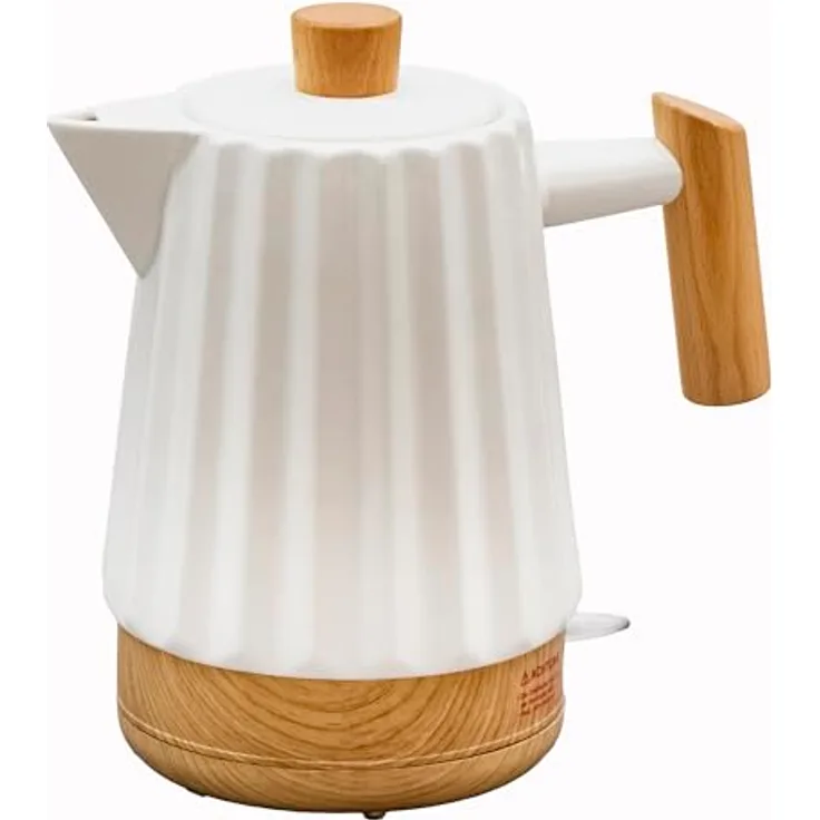 Kvota Keramik Wasserkocher ALLEGRO 1,7 L weiß – mit Holzgriff, 360°-Sockel, LED, BPA-frei, 1500 W, Retro Design