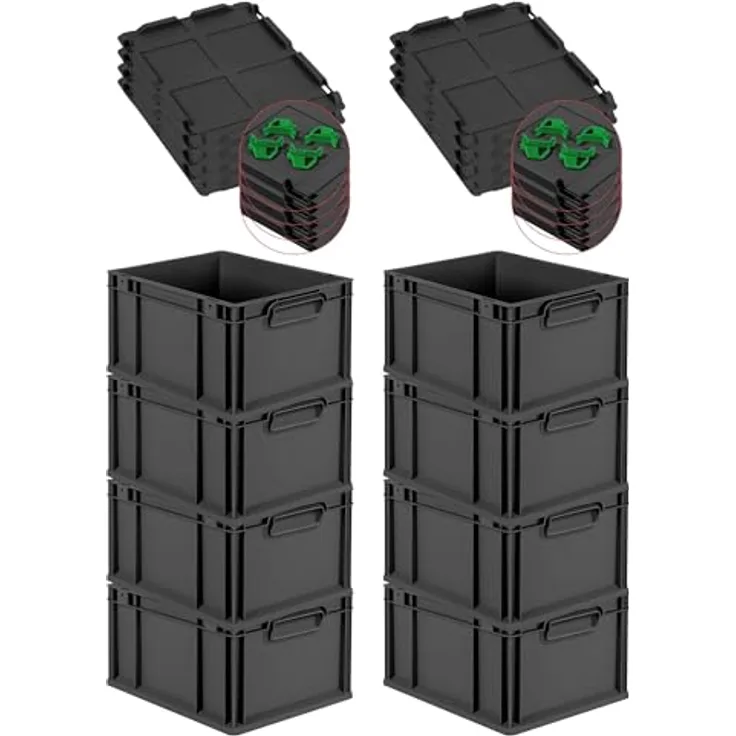 PROREGAL Eurobox NextGen Grip SuperSparSet 8x, 20L, Schwarz, mit Auflagedeckel & 4 grünen Schiebeschnappverschlüssen, HxBxT 22x30x40cm, robust und effizient für Transport und Lagerung