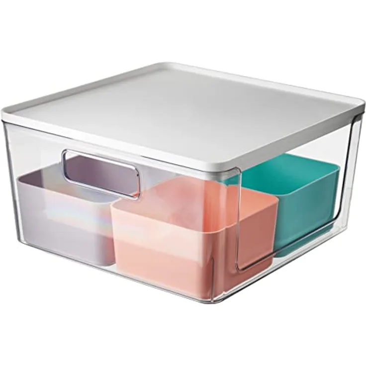 iDesign Aufbewahrungsbox mit 4 Trennboxen, Vorratsbehälter by Rosanna Pansino, Plastikbox aus recyceltem Kunststoff mit Frontöffnung und Deckel, mehrfarbig und weiß