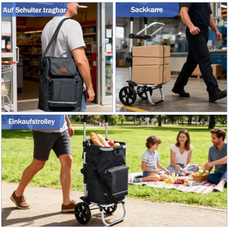 Sekey Faltbarer Einkaufstrolley 60L, 3-in-1 Einkaufswagen mit Kühlfach und höhenverstellbarem Griff, Aluminium, Schwarz – Bild 5
