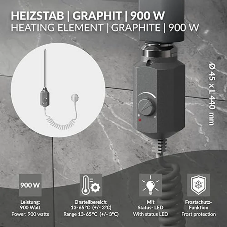 LuxeBath Heizstab 900W Graphit, Badheizkörper Heizpatrone mit Thermostat, Frostschutz-Funktion und IP 44 Schutzart – Bild 2