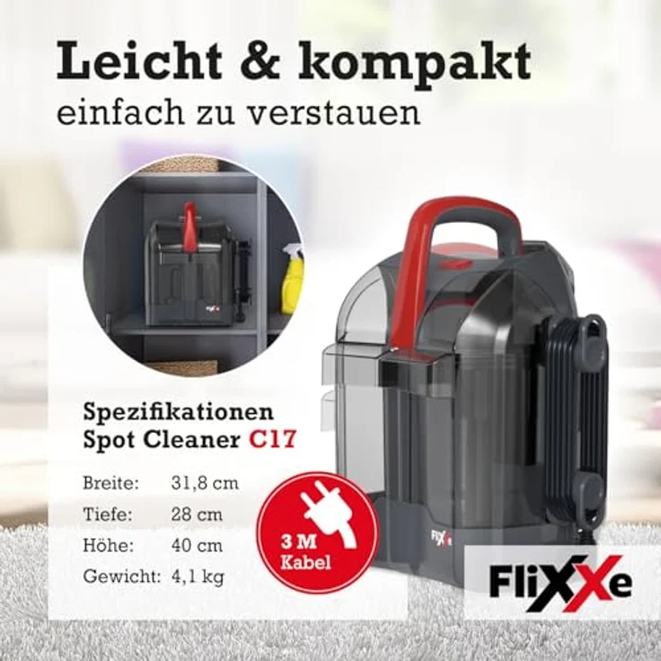 FliXXe Spot Cleaner C17, Nass-Trocken-Sauger mit 330 W Motor, Twin-Tank-Technologie, 3 Meter Kabel, kompakt für Teppiche und Polster – Bild 4