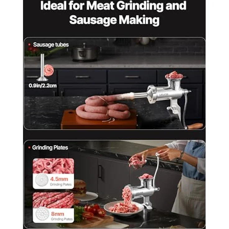 VEVOR manuelle Fleischmühle, Edelstahl 304, handbetriebene Fleischmahlmaschine mit Tischklemme, 2 Schleifplatten, Wurstfüller, ideal für Küche und Restaurant – Bild 5