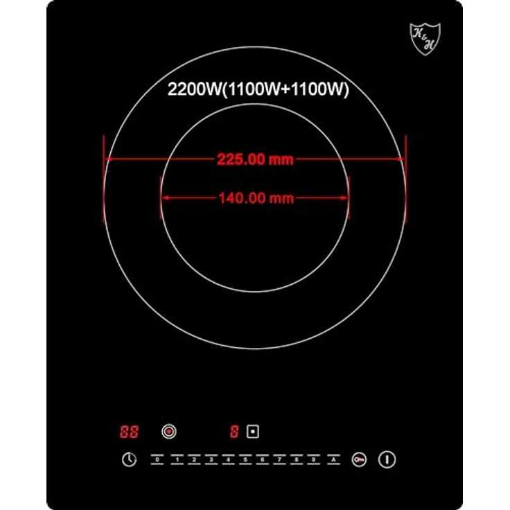 K&H Einzel 1 Zonen Glaskeramikkochfeld Elektrokochfeld 31cm Doppelbrenner Autark Eingebaut NCS-2202, Touch-Control-Steuerung, 2200 Watt, Umweltfreundlich, Restwärmeanzeige – Bild 2