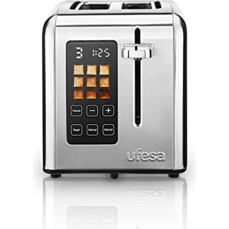 Ufesa Digital Future Toaster Edelstahl mit 2 Scheiben, 950W Leistung, 9 Bräunungsgrad für Brot und Bagel, Touchscreen, Auftaufunktion