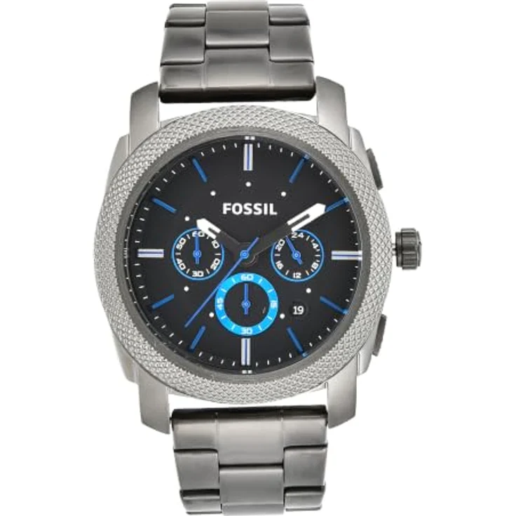Fossil Machine Uhr für Herren, Chronographenwerk, Edelstahl- und Lederarmband, grau und blau, 45 mm – Bild 1