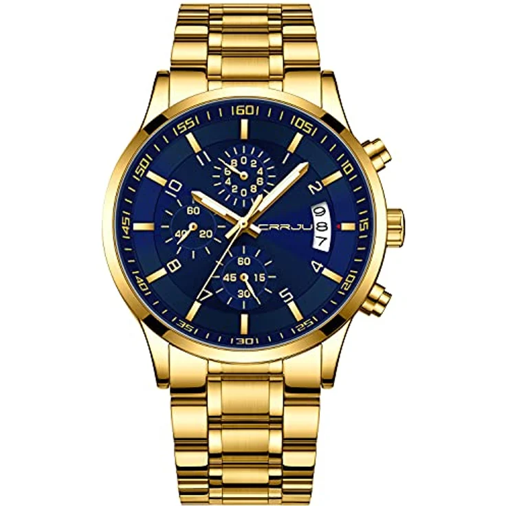 CRRJU Herren Chronograph Armbanduhr, wasserdicht 30m, Edelstahlarmband, analog mit Kalender, Gold Blau – Bild 1