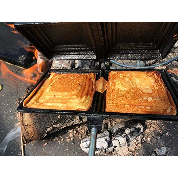 BBQ-Toro Sandwichmaker Waffeleisen, rechteckige Doppelform aus Gusseisen, bereits eingebrannt mit ergonomischen Holzgriffen – Bild 3