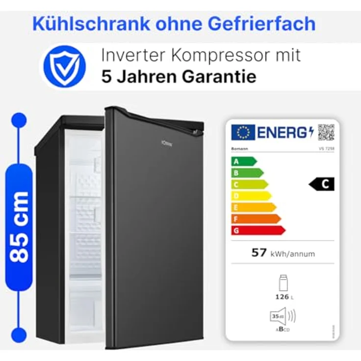 Bomann® Kühlschrank VS 7258, ohne Gefrierfach, 126L, 85cm, leise, dark inox – Bild 3
