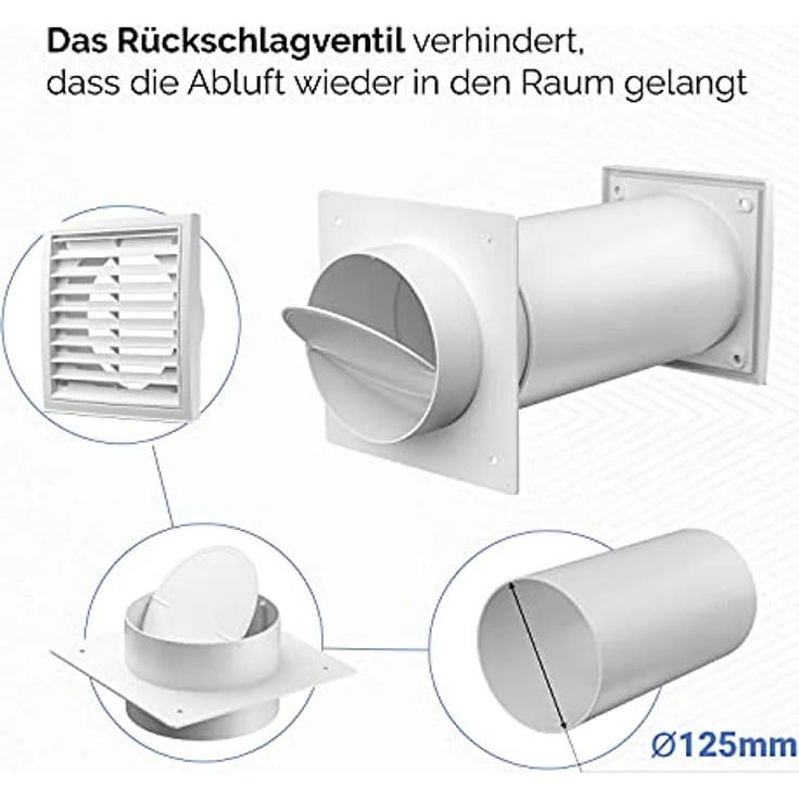 VIOKS Mauerdurchführung 125erR Rund-Anschlusssystem für Dunstabzugshaube mit Rückstauklappe und Außengitter, außen Weiß – Bild 6