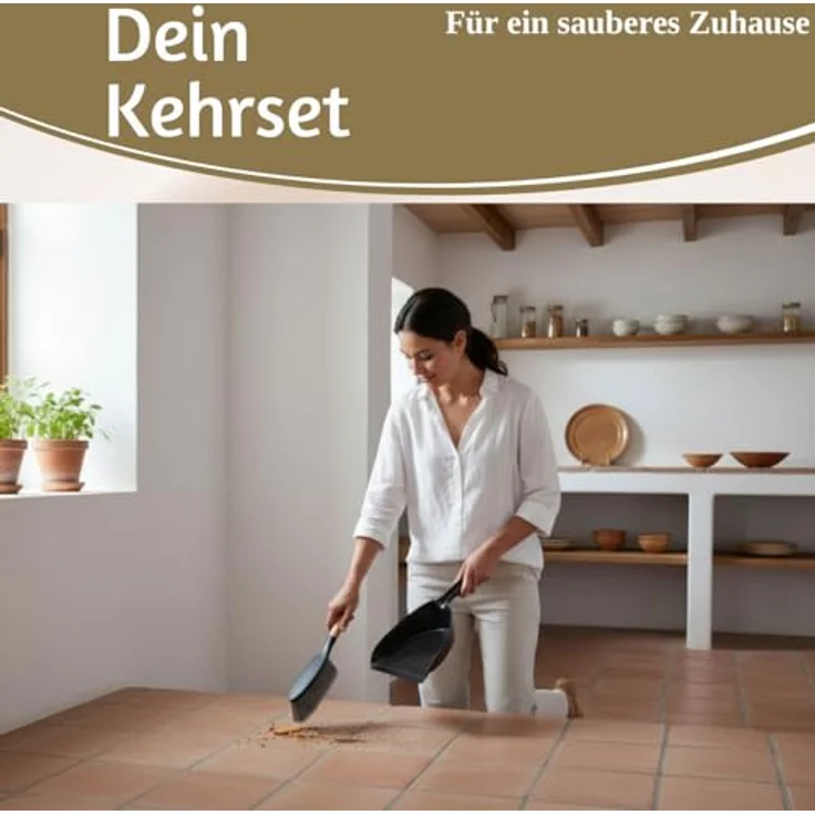 LS-LebenStil Kehrgarnitur 2-teilig, Kehrbesen mit langem Holzgriff und Kehrschaufel, Schwarz/Braun, ergonomisch, Click-System, 32x22 cm – Bild 3