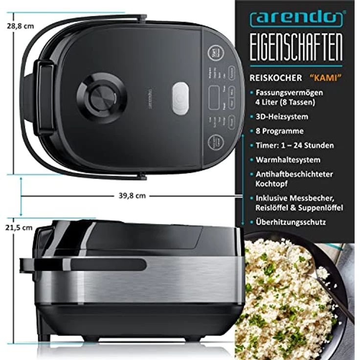 Arendo Rice Cooker 305648- Reiskocher Multikocher digital und Dampfgarer 4L – 3D Heizsystem – 8 Programme – Warmhaltefunktion – Timer – Antihaftbeschichtung - inkl. Dampfgareinsatz, Messbecher, Reislöffel, Schwarz – Bild 2