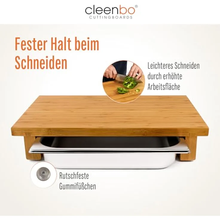 cleenbo Schneidebrett 'classic bamboo GN' mit Edelstahl Auffangschale – Bild 5