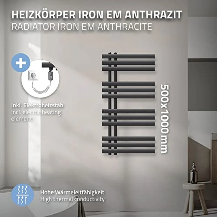 LuxeBath Iron EM Badheizkörper Elektrisch 500x1000 mm, anthrazit, Heizstab 600W mit präziser Temperaturregelung und hoher Heizleistung – Bild 3