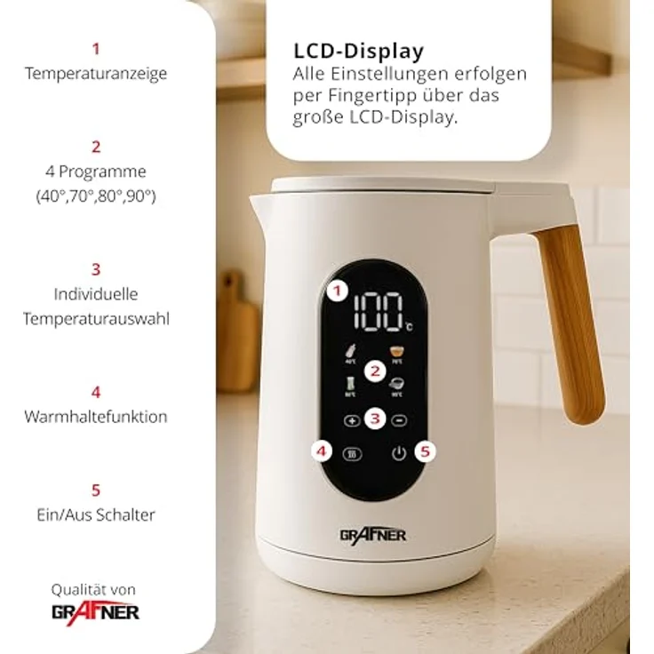 Grafner Edelstahl Wasserkocher 1,7L mit Temperatureinstellung 40°C-100°C, Warmhaltefunktion, Memoryfunktion, LCD-Display, Doppelwand, 2200 Watt, digital (Weiß) – Bild 2