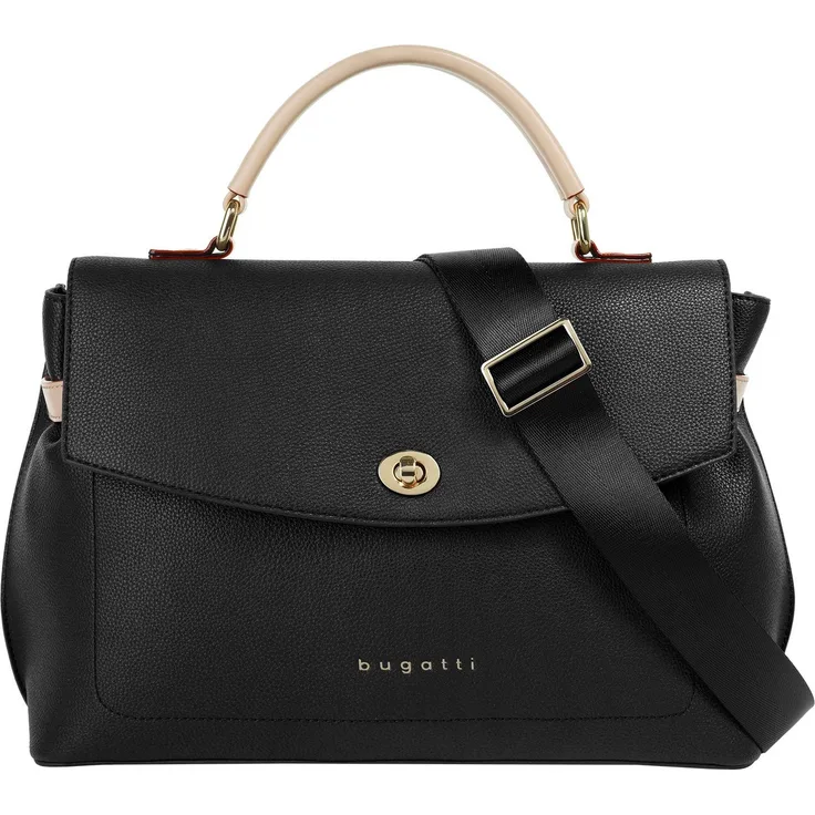 "Bugatti Umhängetasche ELLA, elegante Handtasche mit kontrastfarbigen Raffungen, goldener Drehverschluss, verstärktem Boden und abnehmbarem Schultergurt - Schwarz"