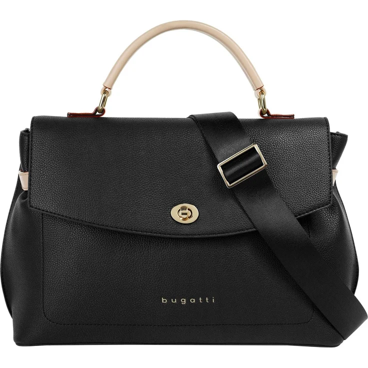 "Bugatti Umhängetasche ELLA, elegante Handtasche mit kontrastfarbigen Raffungen, goldener Drehverschluss, verstärktem Boden und abnehmbarem Schultergurt - Schwarz" – Bild 1