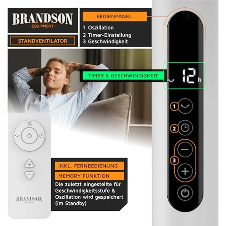 Brandson DC Standventilator ECO, energiesparend mit leisen Brushless Motor, 12 Geschwindigkeitsstufen, Fernbedienung, 80° Oszillation, Timer-Funktion, Preisträger 2026 – Bild 4