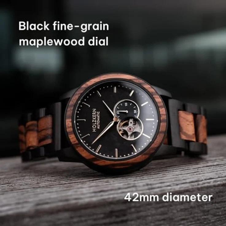 HOLZKERN Herrenuhr Automatik San Francisco, Zebrano/Ahorn, Edelstahl schwarz, Chronograph, kratzfest, Mineralglas – Bild 2