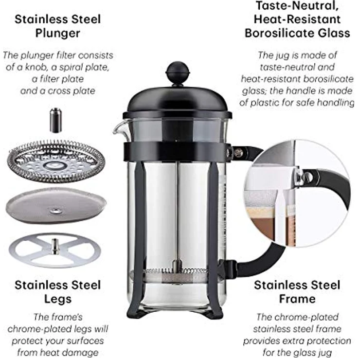 Bodum Chambord Kaffeebereiter 8 Tassen mit Metallrahmen, Chrom, Schwarz, 10.6 x 17.1 x 24.5 cm – Bild 5