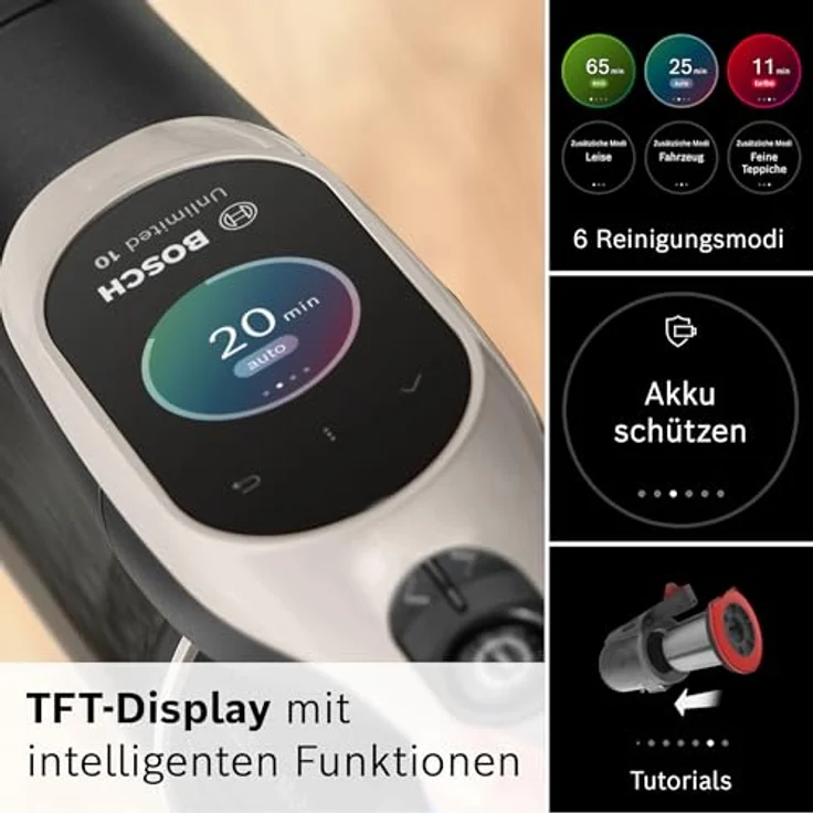Bosch Akku-Staubsauger Unlimited 10 BTS1042GQC, kabellos mit MicroClean Technology, HEPA-Filter, TFT-Display, 2x 4Ah Akku, LED-Licht, grau – Bild 4
